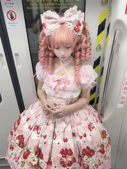 Strawberry Cake Print Pink Sweet Lolita Short Sleeves Dress