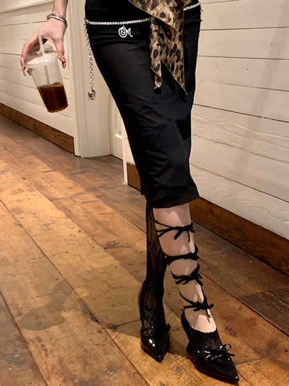 White/Pink/Blue/Purple/Grey/Black Asymmetrical Design Lace Trim Bowknot Overknee Stockings