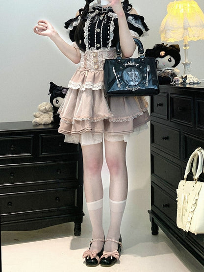 Black/Pink/Blue High Waist Sweetheart Buttons Lace Trim Jirai Kei Tiered Skirt