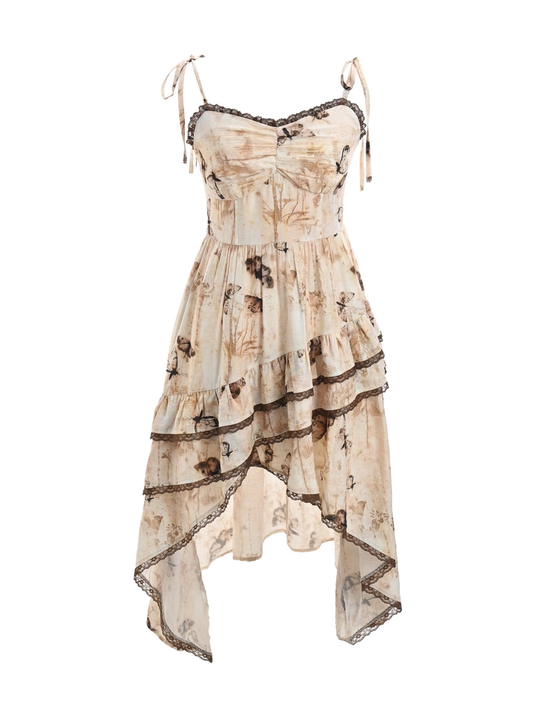 Vintage Butterfly Print Handkerchief Hem Apricot Tie Dye Spaghetti Strap Dress