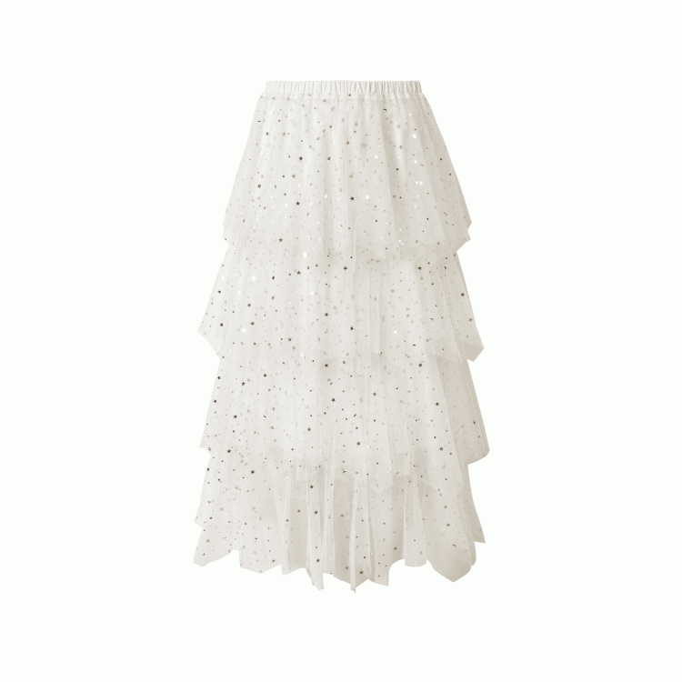 Black/White/Apricot Elastic Waist Sequin Details Tiered Mesh Skirt