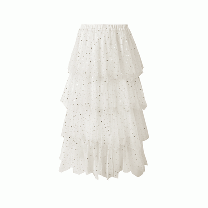 Black/White/Apricot Elastic Waist Sequin Details Tiered Mesh Skirt
