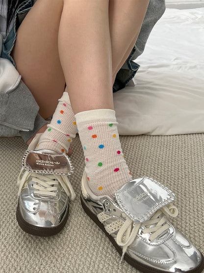 White Polka-dot Pattern Ribbed Trim Socks