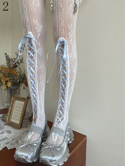 Blue Lace-up Detail Floral Pattern Hollow-out Tights
