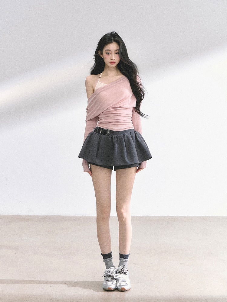 Pink Asymmetrical Neckline Faux Two-pieces Top