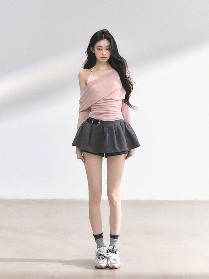 Pink Asymmetrical Neckline Faux Two-pieces Top