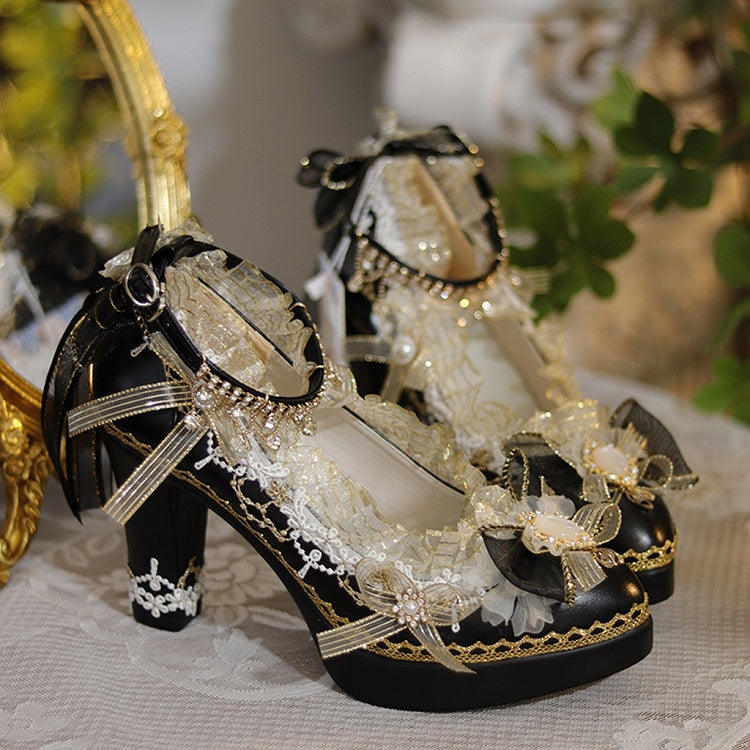 Black & Gold Floral Design Crystal Embellished 6CM/8CM Lolita High Block Heels