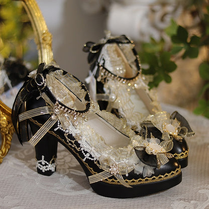 Black & Gold Floral Design Crystal Embellished 6CM/8CM Lolita High Block Heels