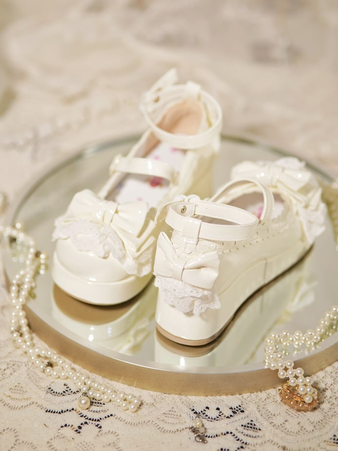 Milky White Bow at Top Lace Trim Heart Buckles Platforms