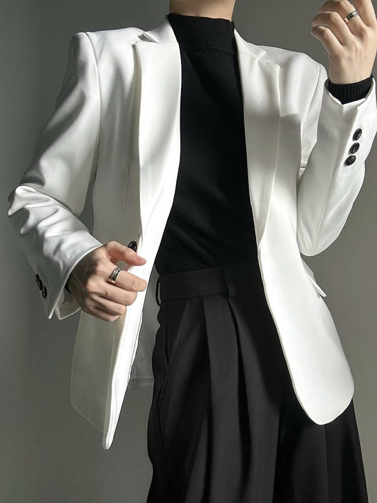 Ouji Lolita White Unisex Blazer with Notched Lapel & Black Buttons Cuffs