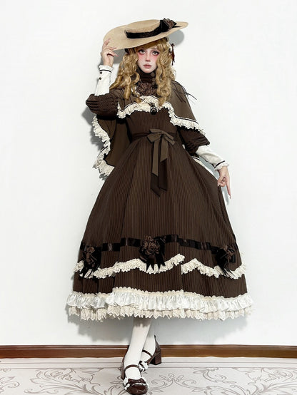 Beige Ruffle Neckline Brown Long Sleeves Striped Dress with Waist Belt