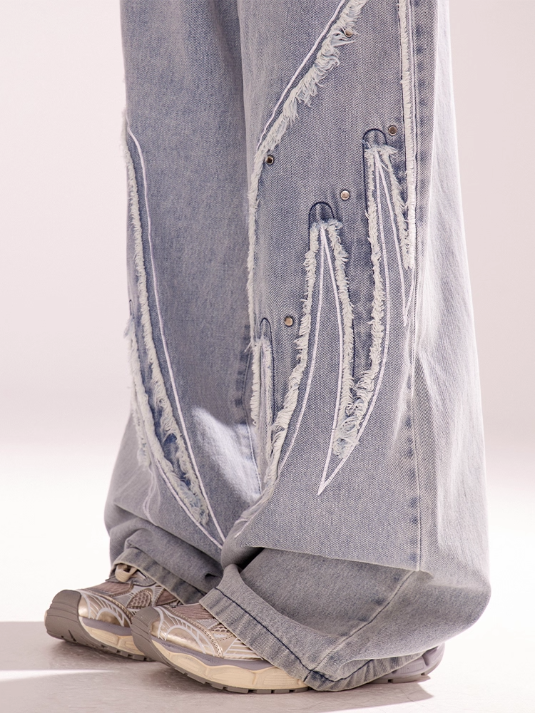Light Blue Low Rise Wings Embroidery Applique Vintage Wide-leg Jeans