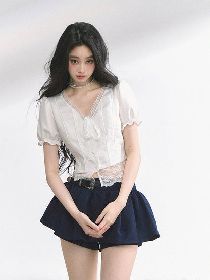 White Self-tie Straps Neckline Lace Hem Puff Sleeves Blouse