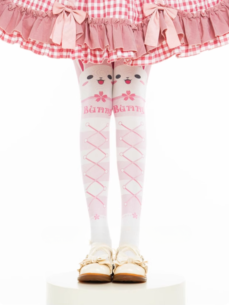 Pink Bunny Pattern Crisscorss Banded Over Knee Stockings