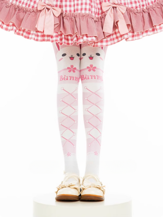 Pink Bunny Pattern Crisscorss Banded Over Knee Stockings