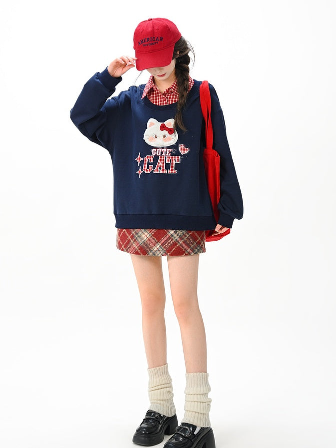 Kitty Embroidery Applique Navy Blue Sweatshirt with Detachable Red Plaid Collar
