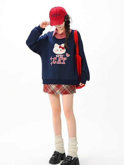 Kitty Embroidery Applique Navy Blue Sweatshirt with Detachable Red Plaid Collar