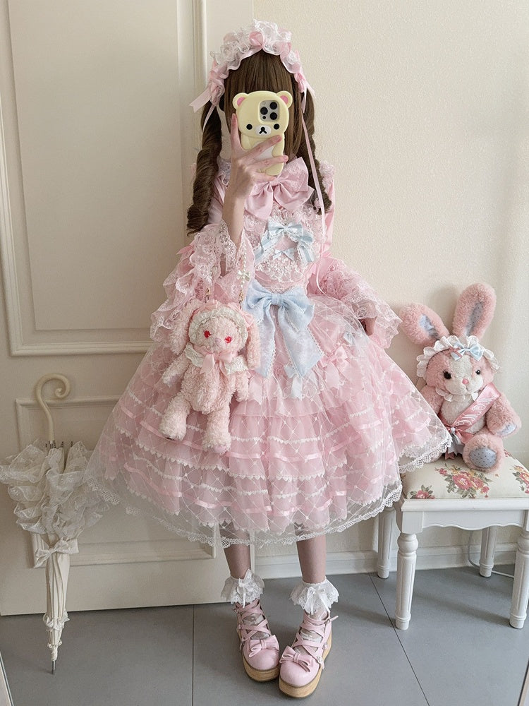 Pink Flower Applique Heart Bodice Overlay Hem Princess Lolita Jumper Skirt