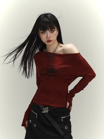 Wine Red Asymmetrical Neckline Spider Print Glamorous Slim-fitting Top