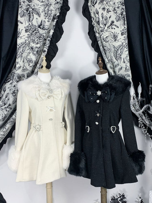 Jirai Kei Black/Beige Waisted Coat with Detachable Faux Fur Collar and Cuffs