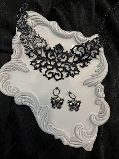 Gothic Black Choker / Butterfly Earrings