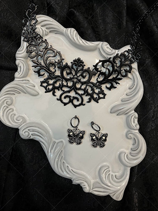 Gothic Black Choker / Butterfly Earrings