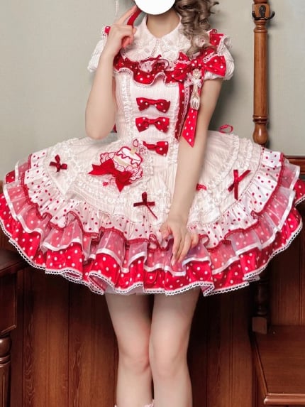 White and Red Polka-dot Bowknots on Bodice Tiered Skirt Sweet Lolita Jumper Skirt