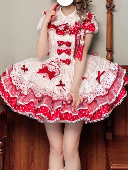 White and Red Polka-dot Bowknots on Bodice Tiered Skirt Sweet Lolita Jumper Skirt