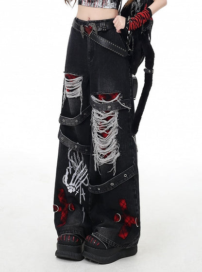 Grey/Red Plaid Faded Wash Distressed Holes Vintage Punk Wide-leg Jeans