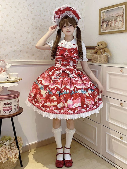 Strawberry and Dessert Print Red Sweet Lolita Dress