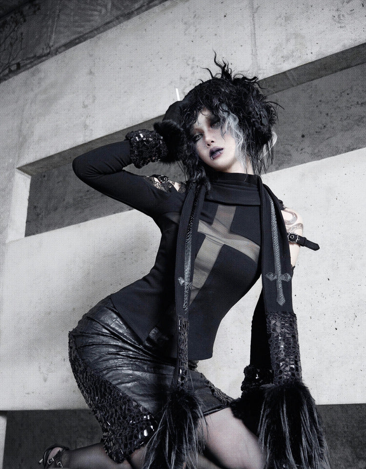 Black Open Shoulders Semi-sheer Cross Shaped Mesh Panels Goth Long Sleeve Top