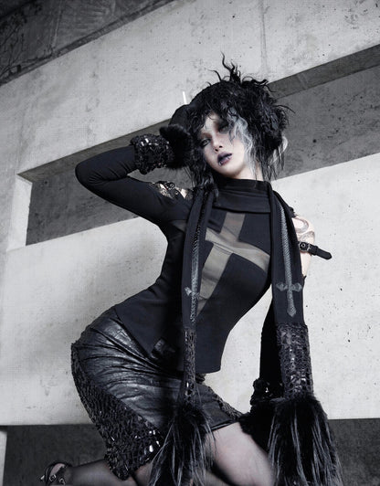 Black Open Shoulders Semi-sheer Cross Shaped Mesh Panels Goth Long Sleeve Top