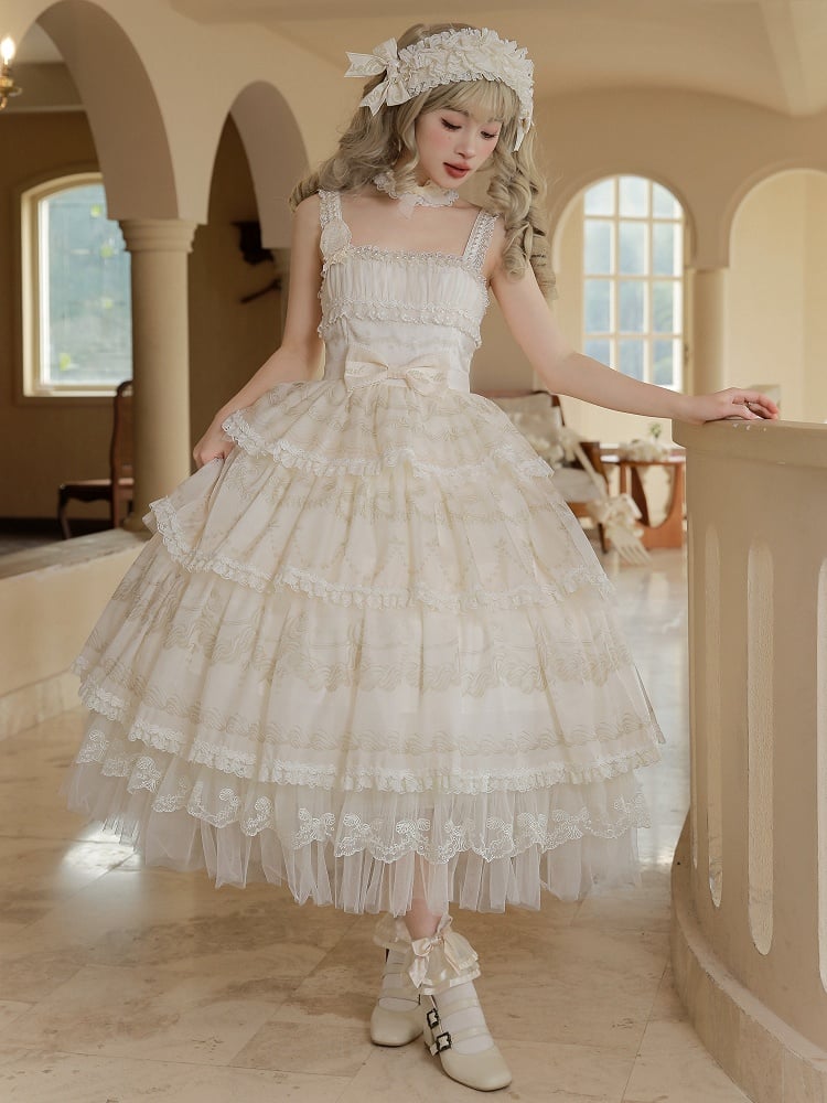 Cream Print Tiered Skirt Beads Neckline Lolita Jumper Skirt