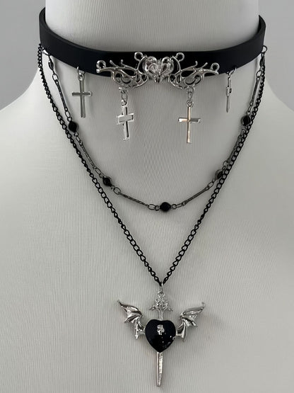 Black Bittersweet Cross And Heart Pendant Choker