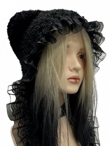 Y2K Black Cross Applique Lace Trim Punk Knit Hat