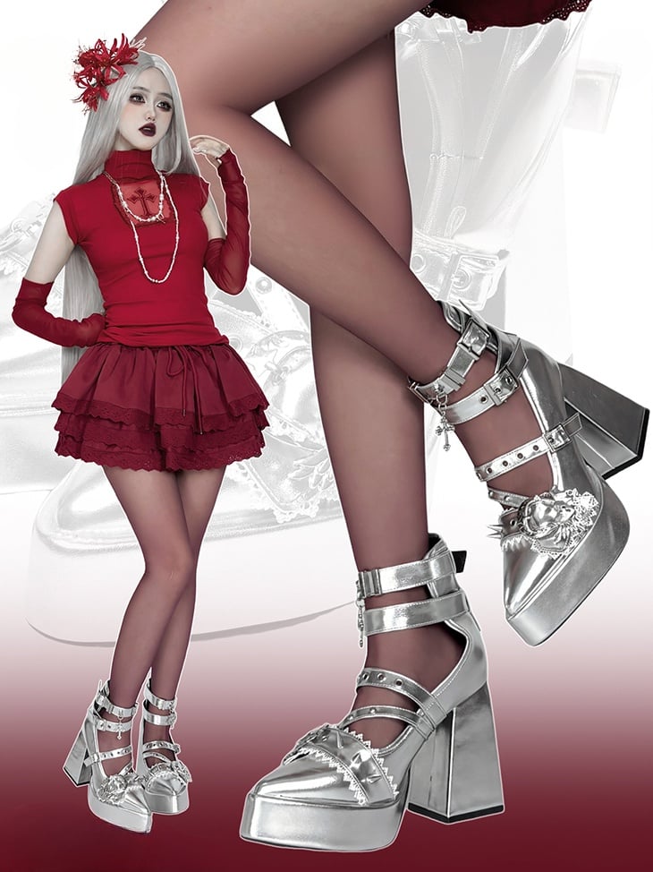 Clearance-Size 40 Gothic Silver Cross Heart Buckle Straps Stud Platform High Block Heels