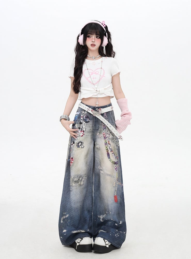 Chains Print Splash Ink Details Blue Low Rise Distressed Wide-leg Jeans