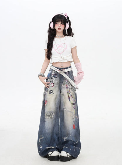 Chains Print Splash Ink Details Blue Low Rise Distressed Wide-leg Jeans