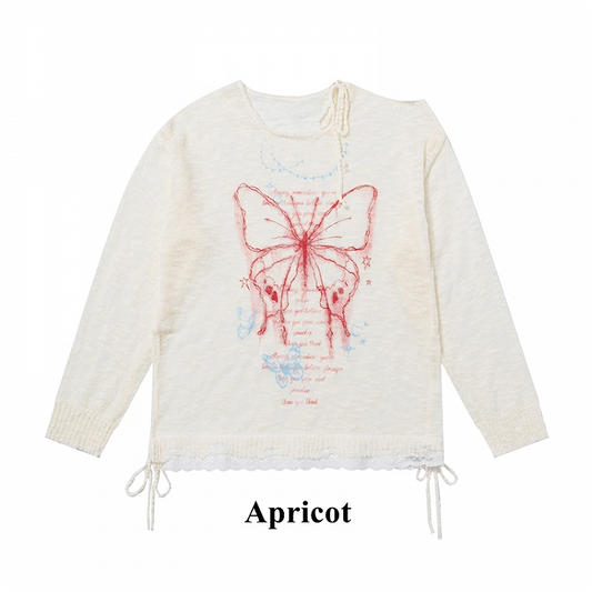 Butterfly Print Cutout Shoulder White/Black/Apricot Semi-sheer Coverup