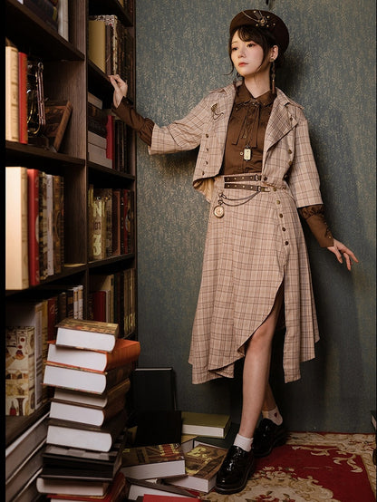 Light Brown Vintage Plaid Skirt Side Thigh-high Slit