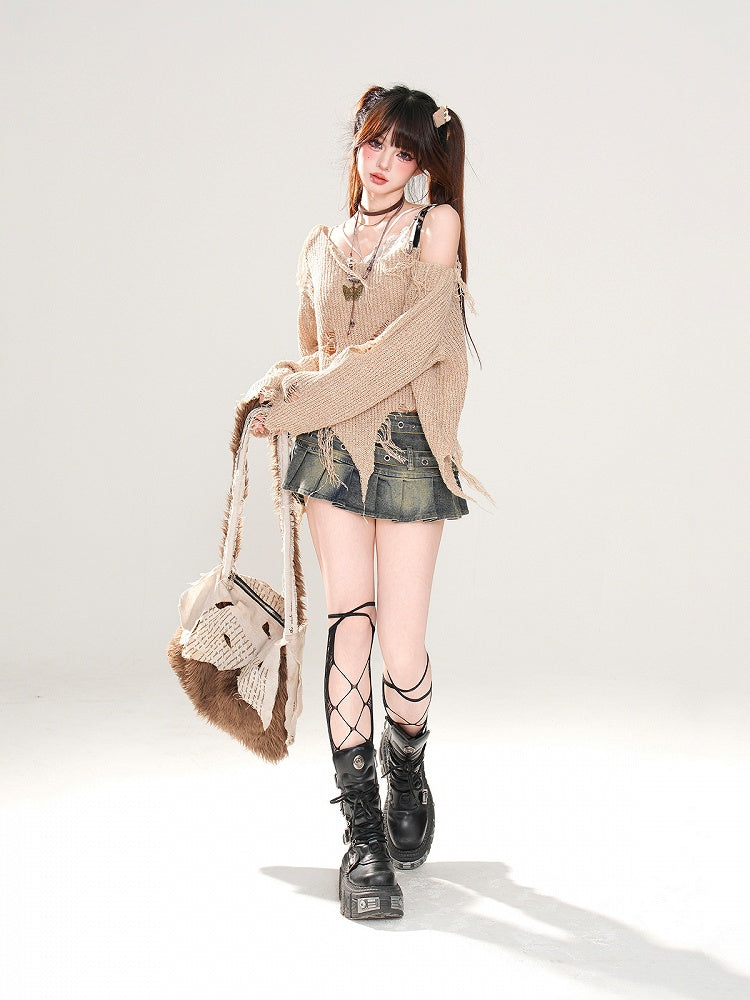 Khaki Asymmetrical Neckline and Hem Distressed Holes Wasteland Punk Knitted Top