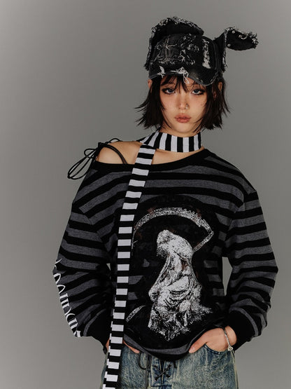 Black & Gray Stripes Drawstring Design Asymmetrical Neckline Applique Punk Top