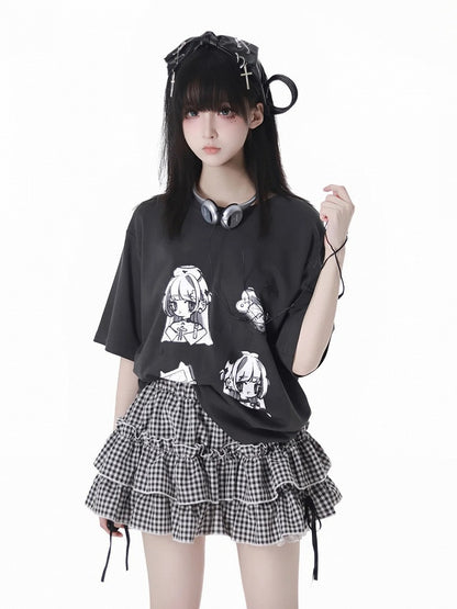 Black/Plaid Elastic Waist Tiered Skirt Bloomers Lining