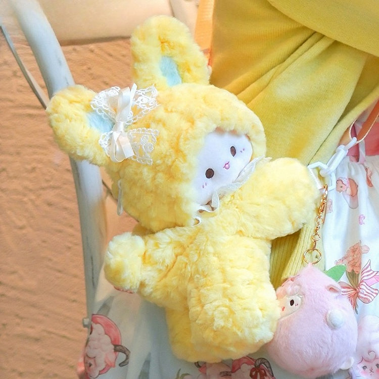 Yellow Rabbit-shaped Bowknot Plush Backpack + 3 Options Keychain Middle/Large Size