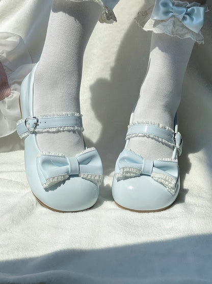Light Blue Sweet Lolita Low-heel Mary Janes with Ruffle Accents, Heart Closure & Bow Embellishments