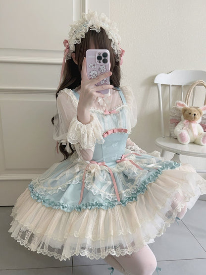 Green Balletcore Small Bows Fabric Short Dress Lolita Jumper Skirt