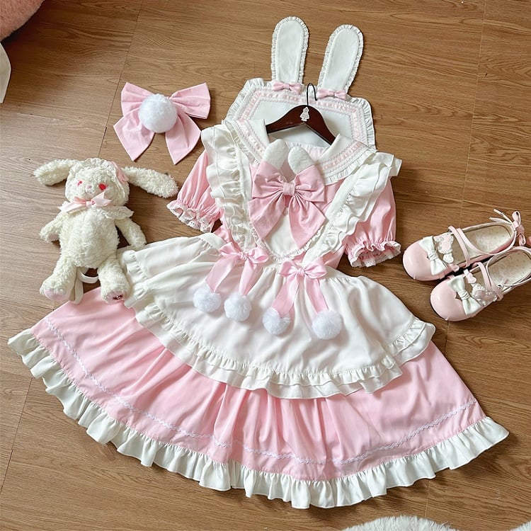 Bunny Ears Sailor Collar Pink Short Sleeves Maid Lolita Dress with White Apron