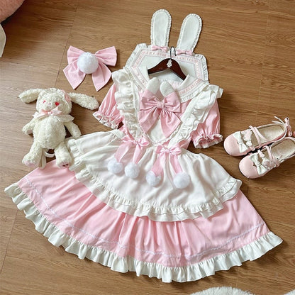 Bunny Ears Sailor Collar Pink Short Sleeves Maid Lolita Dress with White Apron
