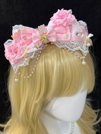 Pink Floral Design Beaded Charm Rhinestone Bear Decorated Lace Trim Bowknot Hairclip