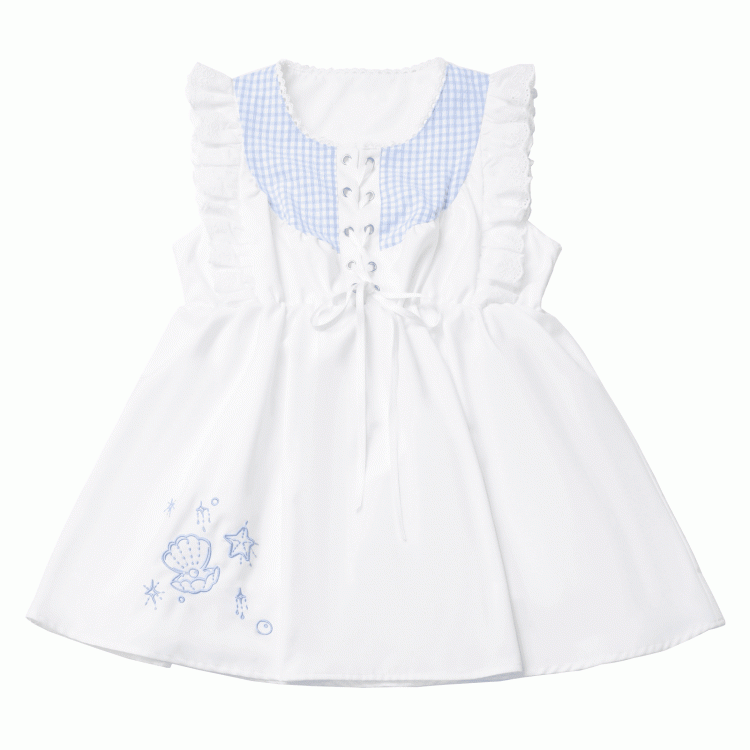 Seashell and Starfish Embroidery White and Blue Plaid Lace-up Front Flutter Sleeves Top